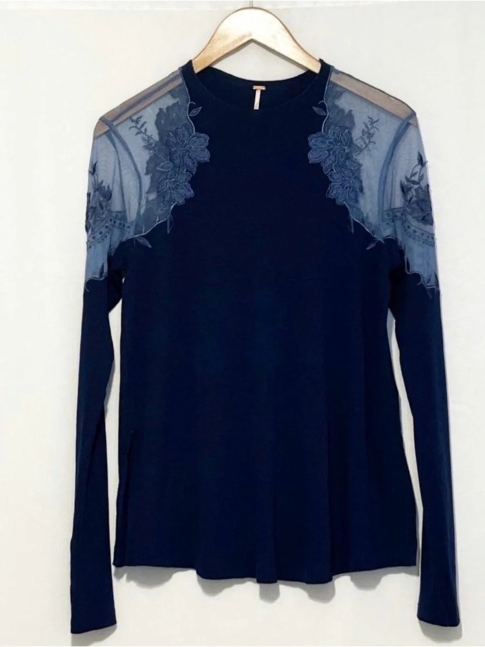 Free People Women’s Navy Long-Sleeve Top with Lace Shoulder Appliqué